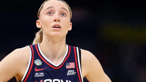 Paige Bueckers #5 of the UConn Huskies looks on in the third quarter against the UCLA Bruins aption here>>in the Final Four game of the NCAA Women's Basketball Tournament at Amalie Arena on April 04, 2025 in Tampa, Florida.