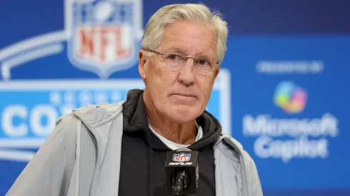 Head coach Pete Carroll of the Las Vegas Raiders speaks to the media during the NFL Scouting Combine at the Indiana Convention Center on February 25, 2025 in Indianapolis, Indiana.