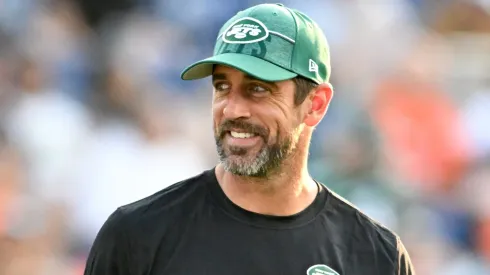 Aaron Rodgers #8 of the New York Jets looks on prior to the 2023 Pro Hall of Fame Game against the Cleveland Browns at Tom Benson Hall Of Fame Stadium on August 3, 2023 in Canton, Ohio.