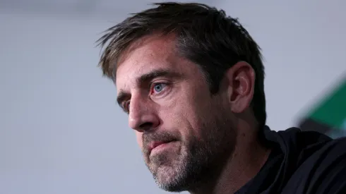 Aaron Rodgers answers questions after an offseason workout session at Atlantic Health Jets Training Center on May 23, 2023 in Florham Park, New Jersey.