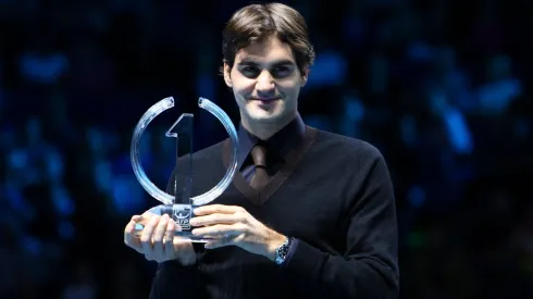Roger Federer of Switzerland poses with the ATP World Tour Champion Trophy during the Barclays ATP World Tour Finals at the O2 Arena on November 25, 2009.