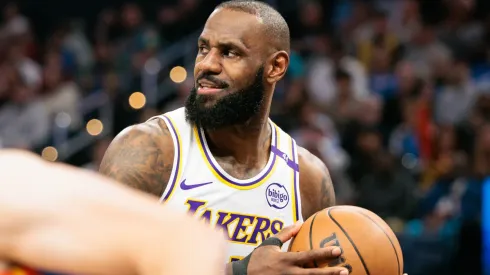 LeBron James #23 of the Los Angeles Lakers rebounds during the first quarter in the game against the Oklahoma City Thunder at Paycom Center on April 6, 2025 in Oklahoma City, Oklahoma.
