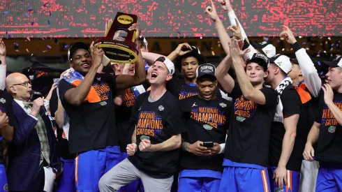 The Florida Gators celebrate after defeating the Houston Cougars in the National Championship of the NCAA Men's Basketball Tournament at the Alamodome on April 07, 2025.