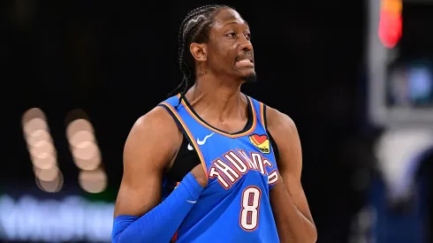 Jalen Williams #8 of the Oklahoma City Thunder looks on during the second half against the Dallas Mavericks at Paycom Center on January 23, 2025 in Oklahoma City, Oklahoma.