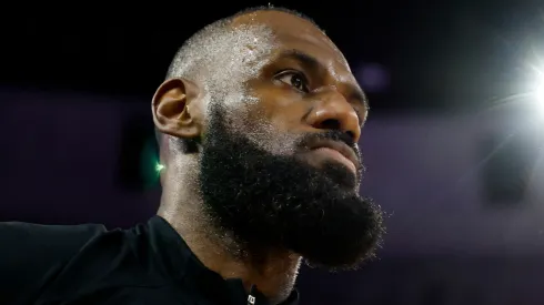 LeBron James #23 of the Los Angeles Lakers looks on during the playing of the national anthem prior to the game against the Chicago Bulls at the United Center on March 27, 2025 in Chicago, Illinois.