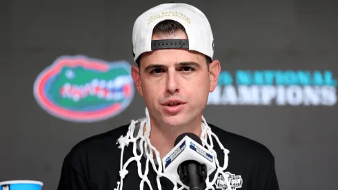 Head Coach Todd Golden of the Florida Gators speaks with the media after defeating the Houston Cougars in the National Championship of the NCAA Men's Basketball Tournament at the Alamodome on April 07, 2025 in San Antonio, Texas.