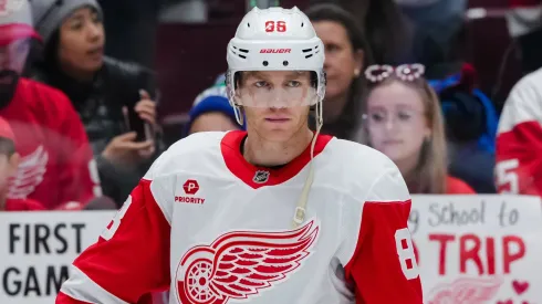 Patrick Kane #88 of the Detroit Red Wings looks on during warmup prior to their NHL game against the Vancouver Canucks at Rogers Arena on February 2, 2025 in Vancouver, British Columbia, Canada.