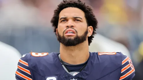 Caleb Williams #18 of the Chicago Bears looks on during the third quarter against the Los Angeles Rams at Soldier Field on September 29, 2024 in Chicago, Illinois.