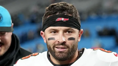 Baker Mayfield #6 of the Tampa Bay Buccaneers walks off the field after a 26-23 win in over time against the Carolina Panthers at Bank of America Stadium on December 01, 2024 in Charlotte, North Carolina.