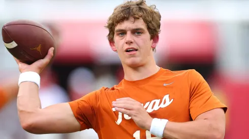 Arch Manning #16 of the Texas Longhorns warms-up prior to a game against the Alabama Crimson Tide at Bryant-Denny Stadium on September 09, 2023 in Tuscaloosa, Alabama.