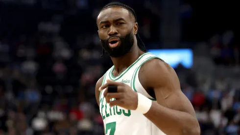 Jaylen Brown #7 of the Boston Celtics reacts to a play during the second quarter against the Los Angeles Clippers.