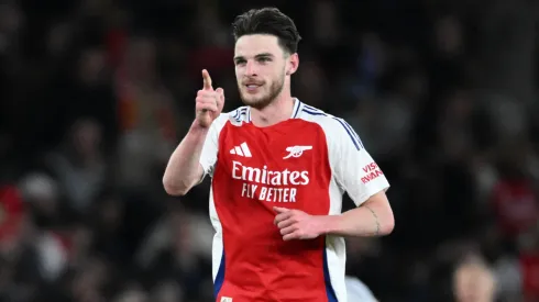 Declan Rice of Arsenal celebrates scoring his team's second goal during the UEFA Champions League 2024/25 Quarter Final First Leg match between Arsenal FC and Real Madrid C.F. at Emirates Stadium on April 08, 2025 in London, England.