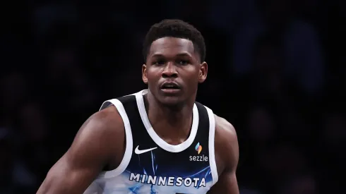 Anthony Edwards #5 of the Minnesota Timberwolves brings the ball up court during the second quarter against the Brooklyn Nets