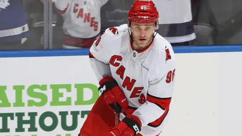 Mikko Rantanen warms up prior to playing against the Toronto Maple Leafs in an NHL game at Scotiabank Arena on February 22, 2025 in Toronto, Ontario, Canada.