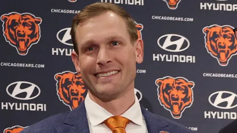 Newly named head coach Ben Johnson of the Chicago Bears poses for a photo during a introductory press conference at PNC Center at Halas Hall on January 22, 2025 in Lake Forest, Illinois.