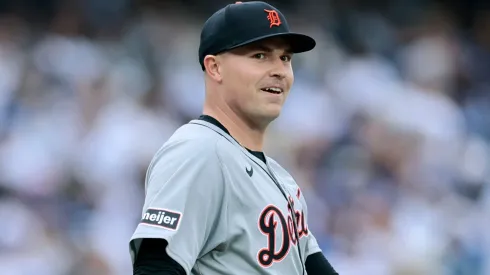 Tarik Skubal #29 of the Detroit Tigers reacts after his play for an out during a 2025 Major League Baseball season home opening game at Dodger Stadium on March 27, 2025 in Los Angeles, California.