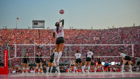 Harper Murray #27 of the Nebraska Cornhuskers serves against the Omaha Mavericks at Memorial Stadium on August 30, 2023.