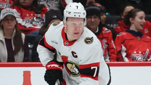 Brady Tkachuk #7 of the Ottawa Senators skates against the Washington Capitals during the first period at Capital One Arena on March 03, 2025 in Washington, DC.