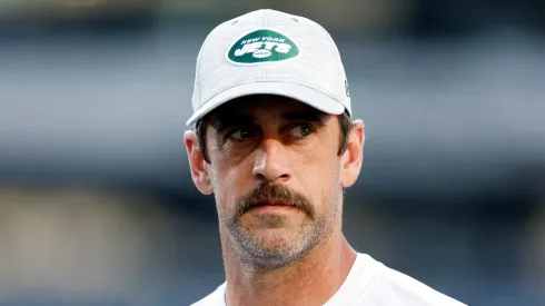 Aaron Rodgers looks on during warmups before the first half of a preseason game against the Tampa Bay Buccaneers at MetLife Stadium on August 19, 2023 in East Rutherford, New Jersey.