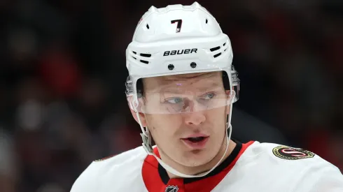 Brady Tkachuk #7 of the Ottawa Senators looks on against the Washington Capitals during the first period at Capital One Arena on March 03, 2025 in Washington, DC.