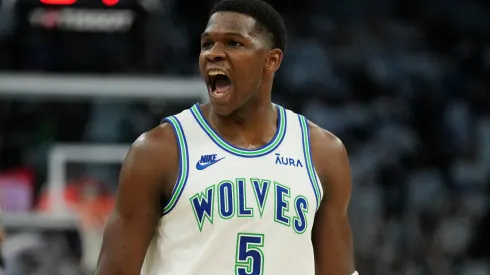 Anthony Edwards #5 of the Minnesota Timberwolves celebrates during the second half in game one of the Western Conference First Round Playoffs against the Phoenix Suns at Target Center on April 20, 2024 in Minneapolis, Minnesota.