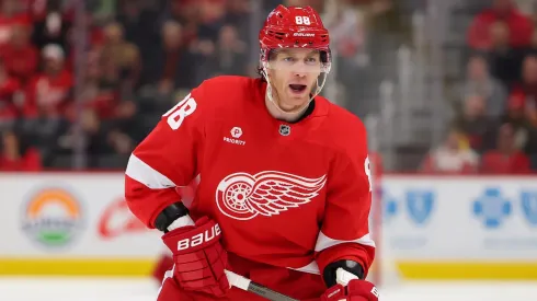 Patrick Kane #88 of the Detroit Red Wings plays against the Florida Panthers at Little Caesars Arena on April 06, 2025 in Detroit, Michigan.