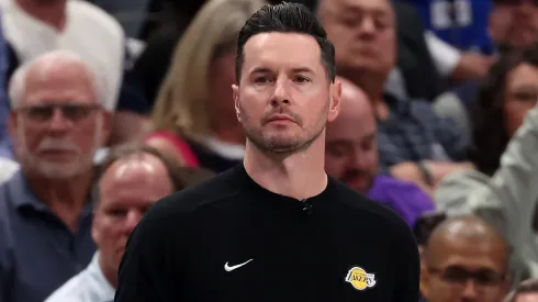 JJ Redick of the Los Angeles Lakers reacts against the Dallas Mavericks during the first quarter at American Airlines Center on April 09, 2025 in Dallas, Texas.