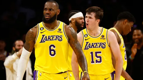 LeBron James and Austin Reaves of the Los Angeles Lakers during a game against the Memphis Grizzlies.