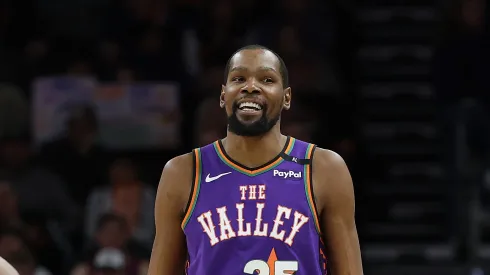 Kevin Durant #35 of the Phoenix Suns reacts during the second half of the NBA game at PHX Arena
