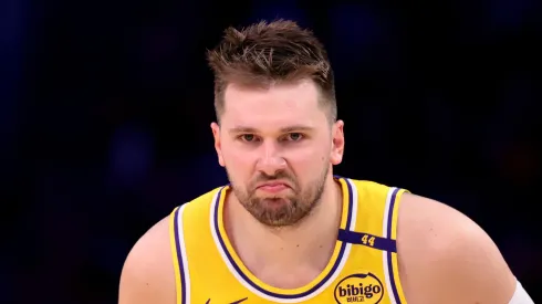 Luka Doncic #77 of the Los Angeles Lakers reacts after a basket during the third quarter against the Houston Rockets
