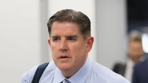 Head coach of the New York Rangers Peter Laviolette arrives for the game against the New York Islanders at UBS Arena on April 10, 2025 in Elmont, New York.