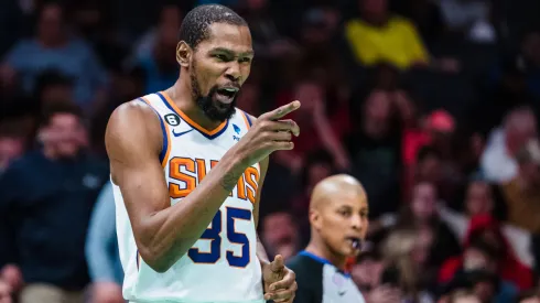 Kevin Durant #35 of the Phoenix Suns reacts in the second quarter during their game against the Charlotte Hornets at Spectrum Center on March 01, 2023 in Charlotte, North Carolina.