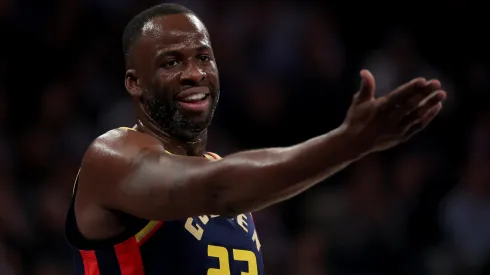 Draymond Green #23 of the Golden State Warriors reacts in the first half against the New York Knicks at Madison Square Garden.