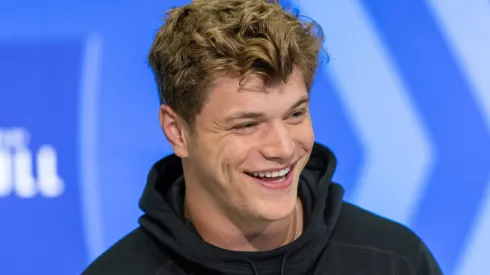 JJ McCarthy #QB05 of the Michigan Wolverines speaks to the media during the 2024 NFL Draft Combine at Lucas Oil Stadium on March 01, 2024 in Indianapolis, Indiana.