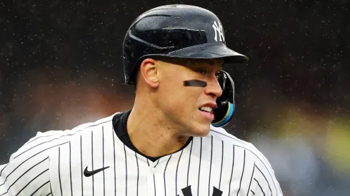 Aaron Judge #99 of the New York Yankees singles during the first inning against the San Francisco Giants at Yankee Stadium on April 12, 2025 in the Bronx borough of New York City.