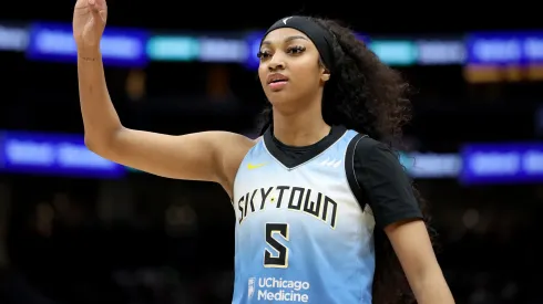 Angel Reese of Chicago Sky looks on during a WNBA match