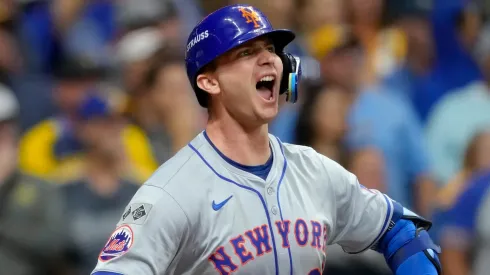 Pete Alonso #20 of the New York Mets celebrates after hitting a home run in the ninth inning against the Milwaukee Brewers during Game Three of the Wild Card Series at American Family Field on October 03, 2024 in Milwaukee, Wisconsin.