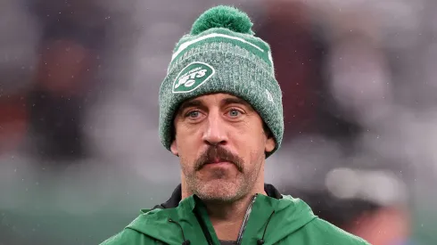 Aaron Rodgers looks on during warm ups prior to the game against the Atlanta Falcons at MetLife Stadium on December 03, 2023 in East Rutherford, New Jersey.
