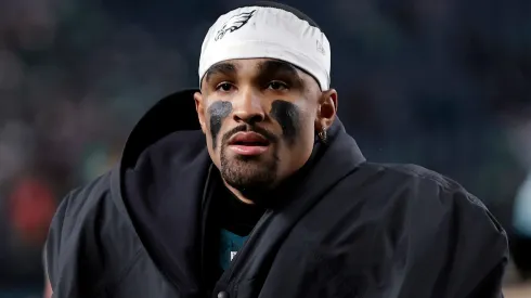 Jalen Hurts #1 of the Philadelphia Eagles looks on after the 33-25 win against the New York Giants at Lincoln Financial Field on December 25, 2023 in Philadelphia, Pennsylvania.