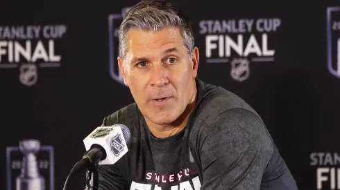 Head coach Jared Bednar of the Colorado Avalanche speaks with the media during the 2022 NHL Stanley Cup Final Media Day at Ball Arena on June 14, 2022.