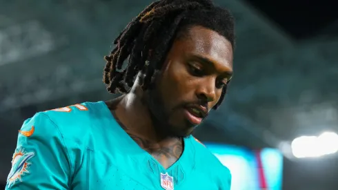Jalen Ramsey #5 of the Miami Dolphins leaves the field at the end of a preseason game against the Atlanta Falcons at Hard Rock Stadium on August 09, 2024 in Miami Gardens, Florida.