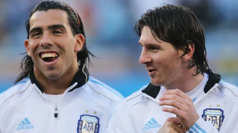 Carlos Tevez and Lionel Messi of Argentina ahead of the 2010 FIFA World Cup South Africa Quarter Final match against Germany