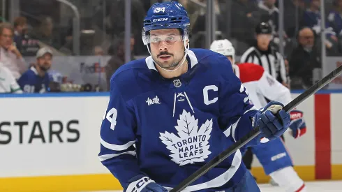 Auston Matthews #34 of the Toronto Maple Leafs skates against of the Montreal Canadiens during the first period in an NHL game.