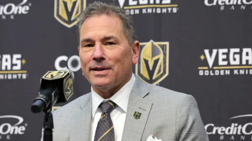 Head coach Bruce Cassidy of the Vegas Golden Knights speaks during a news conference after the team's 4-1 victory over the Minnesota Wild at T-Mobile Arena on January 12, 2025.