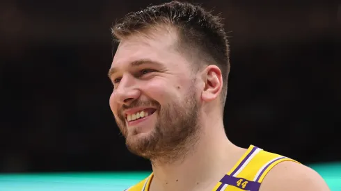 Luka Doncic #77 of the Los Angeles Lakers looks on against the Chicago Bulls during the second half at the United Center on March 27, 2025 in Chicago, Illinois.
