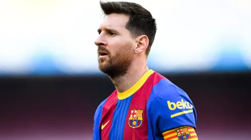 Lionel Messi looks on during the La Liga match between FC Barcelona and Atletico de Madrid on May 08, 2021.