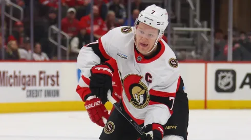 : Brady Tkachuk #7 of the Ottawa Senators plays against the Detroit Red Wings.
