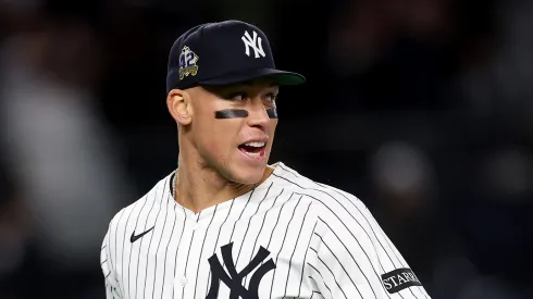 Aaron Judge #99 of the New York Yankees celebrate the win over the Kansas City Royals at Yankee Stadium on April 15, 2025 in the Bronx borough of New York City. All players are wearing the number 42 in honor of Jackie Robinson Day. The New York Yankees defeated the Kansas City Royals 4-2.