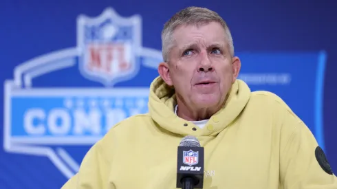 Head coach Sean Payton of the Denver Broncos speaks to the media during the NFL Scouting Combine at the Indiana Convention Center on February 25, 2025 in Indianapolis, Indiana.