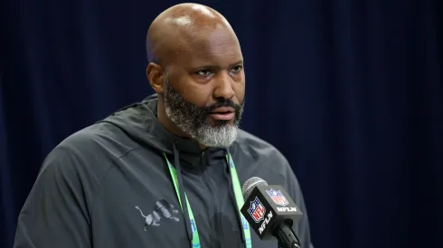 General manager Brad Holmes of the Detroit Lions speaks to the media during the NFL Scouting Combine at the Indiana Convention Center on February 25, 2025 in Indianapolis, Indiana.